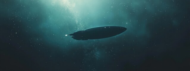 Obraz premium A dark submarine moves through deep blue water, a ray of light shining through the water above.