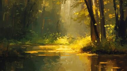 Obraz premium Sunbeams illuminate a tranquil forest stream, casting a golden glow on the water and the surrounding foliage.
