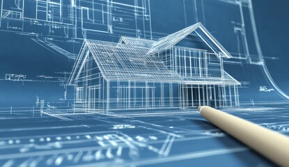 A blue drawing of a house with a pencil on it