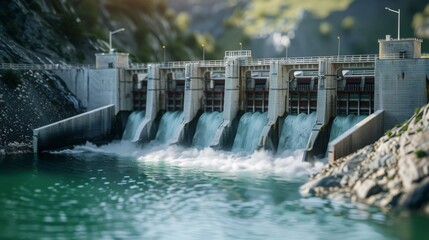 A concrete dam with multiple gates releasing water into a river below. The water is rushing through the gates, creating a dramatic scene.