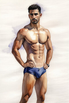 Watercolor Illustration of Athletic Male Model Wearing a Competitive Speedo Sunga Style Swimsuit