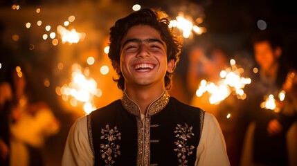 A young man radiates happiness as he enjoys a festive night, holding sparklers with friends in the background.