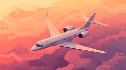 Obraz premium A white private jet flies through the clouds at sunset.