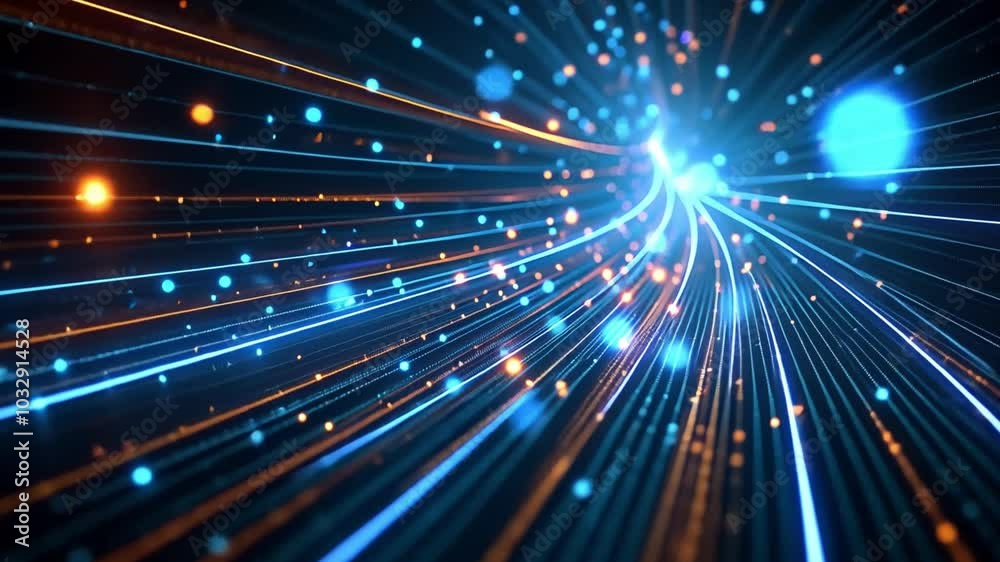 Poster A striking visual displays particles moving through space, illuminated by vibrant blue and orange lights against a dark background, suggesting energy and motion.