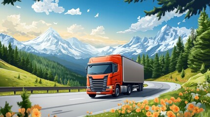 A red semi-truck travels on a winding road through a mountain pass with snow-capped peaks in the background.