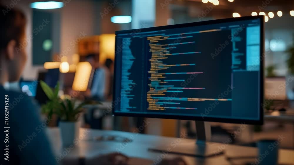 Poster Software developer working late in the office, focused on writing code on their computer screen. The blurred background hints at a busy and collaborative work environment