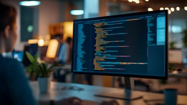 Software developer working late in the office, focused on writing code on their computer screen. The blurred background hints at a busy and collaborative work environment