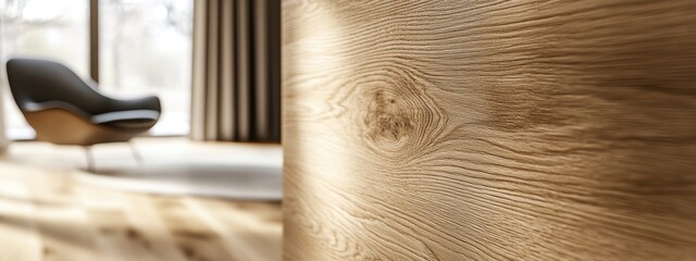 Closeup of a knot in a wooden door, with a blurred armchair in the background.