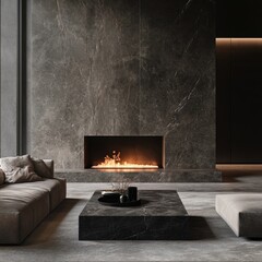 A black fireplace with a fire burning in it
