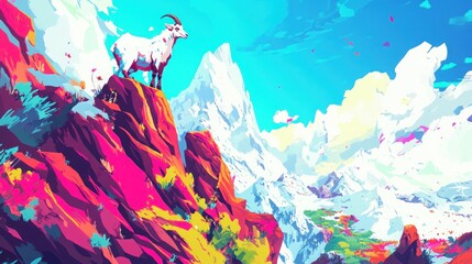 A white goat stands on a rocky cliff overlooking a vibrant and colorful mountain landscape.