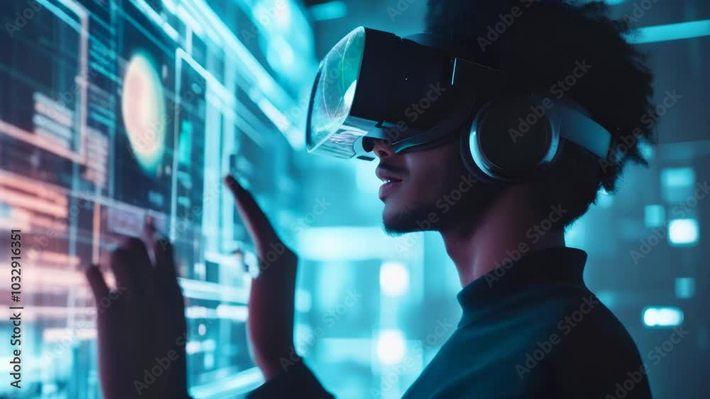 Poster Software developer is working on a project using a vr headset, interacting with a transparent display showing lines of code in a dark room with blue light