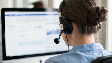 Customer support operator with headset working in call center. Call center, telemarketing, customer support agent provide service on telephone video conference call.