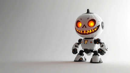 Obraz premium 3d white robot with jack o lantern pumpkin head with glowing orange eyes on white background, halloween, october 31, copyspace, place for text, scary character, horror, all saints day