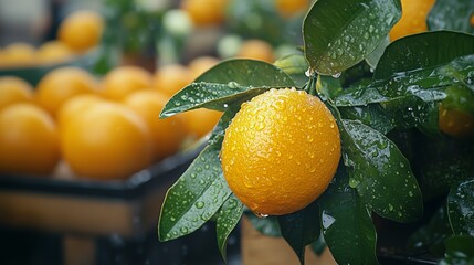 A close-up of a vibrant orange hanging from a tree, covered in water droplets after a rainfall. 