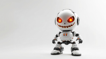 Fototapeta premium 3d white robot with jack o lantern pumpkin head with glowing orange eyes on white background, halloween, october 31, copyspace, place for text, scary character, horror, all saints day
