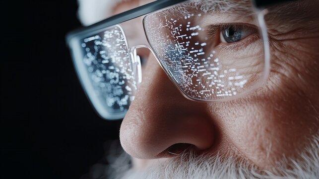 Close-up of a senior man's eye and glasses with a digital overlay, highlighting the convergence of technology and aging.