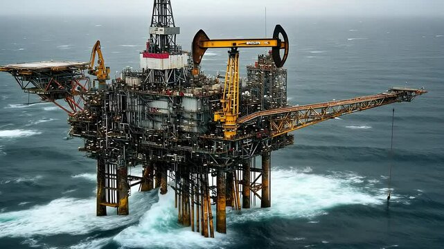 An offshore oil rig stands tall amidst turbulent waves, showcasing industrial engineering and energy extraction.