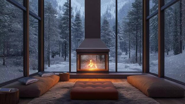 modern living room with fireplace, beautiful snowy forest view, 4K UHD background, wallpaper endless looped animation