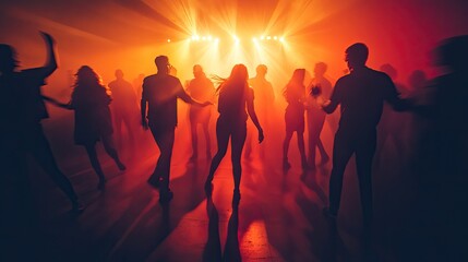Fototapeta premium Silhouettes of people dance in a nightclub. Perfect for illustrating the energy and excitement of a party.
