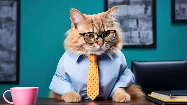 Funny cat in business costume with tie and glasses at office desk. Humorous meme concept. Boss's Day, Workaholic Day