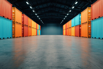 Fototapeta premium Modern warehouse interior with colorful stacked shipping containers creating vibrant and organized space. bright colors enhance industrial atmosphere, showcasing efficient storage solutions.