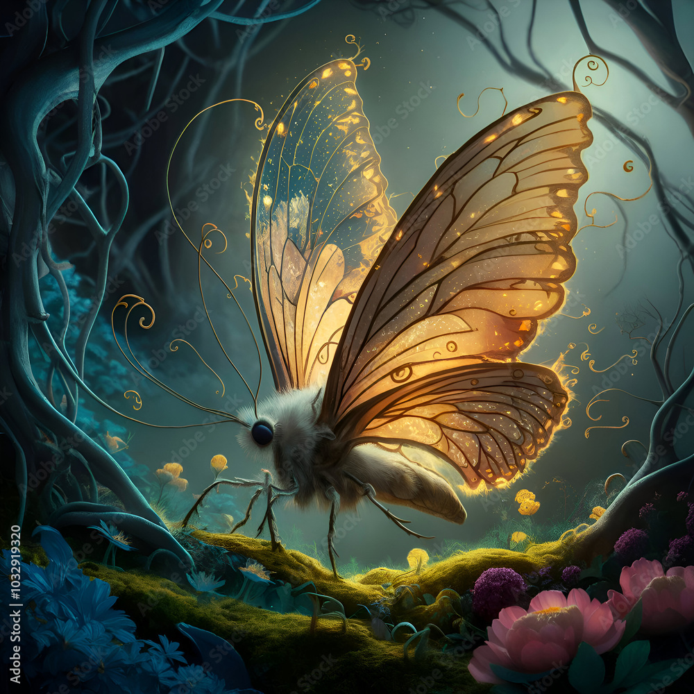 Wall mural beautiful art with miracle golden butterfly against night fantasy forest. digital artwork. close up.