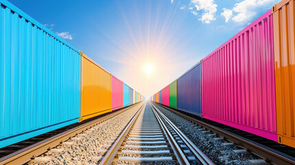 Fototapeta premium Colorful shipping containers line railway track under bright sky, creating vibrant and dynamic scene. perspective draws eye towards horizon, where sun shines brightly, evoking sense of adventure and.