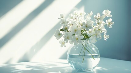 Fresh White Flowers on Bright Table in Glass Vase