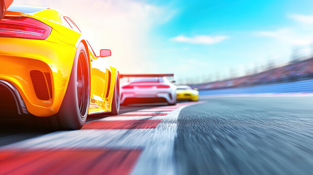 Fast race cars speed around vibrant race track, showcasing dynamic motion and excitement. colorful backdrop enhances thrilling atmosphere of competition.