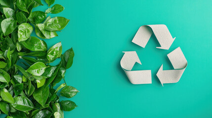 Sustainable lifestyle scene featuring green leaves and recycling symbol, emphasizing eco friendly practices and environmental awareness.