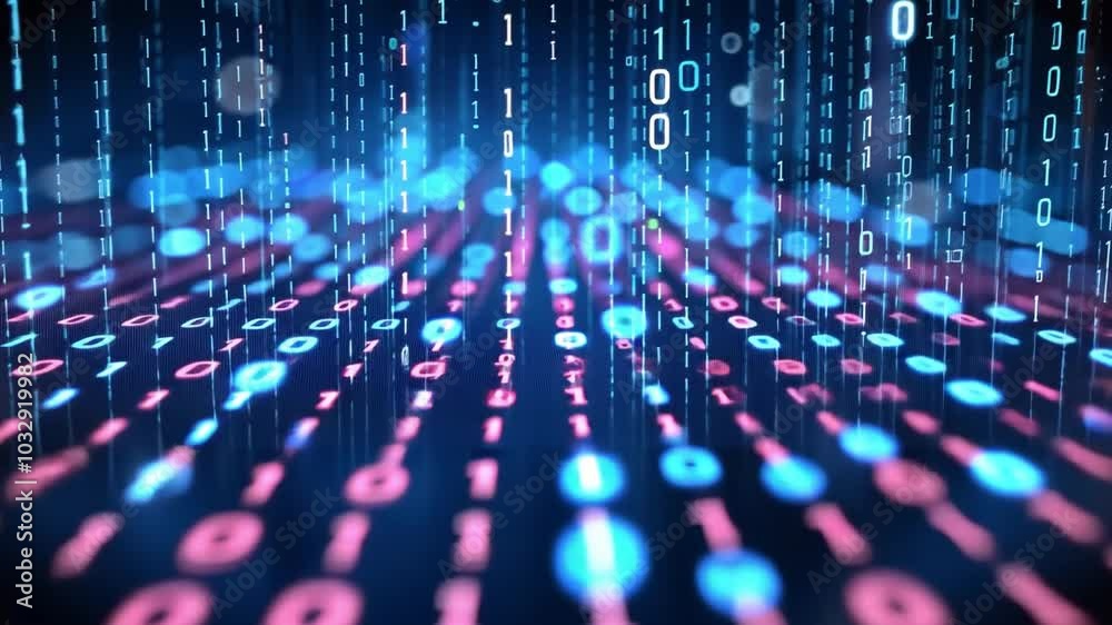 Fototapete Colorful binary code streams in blue and red shades create a dynamic visual representation of digital information, emphasizing a tech-inspired atmosphere.