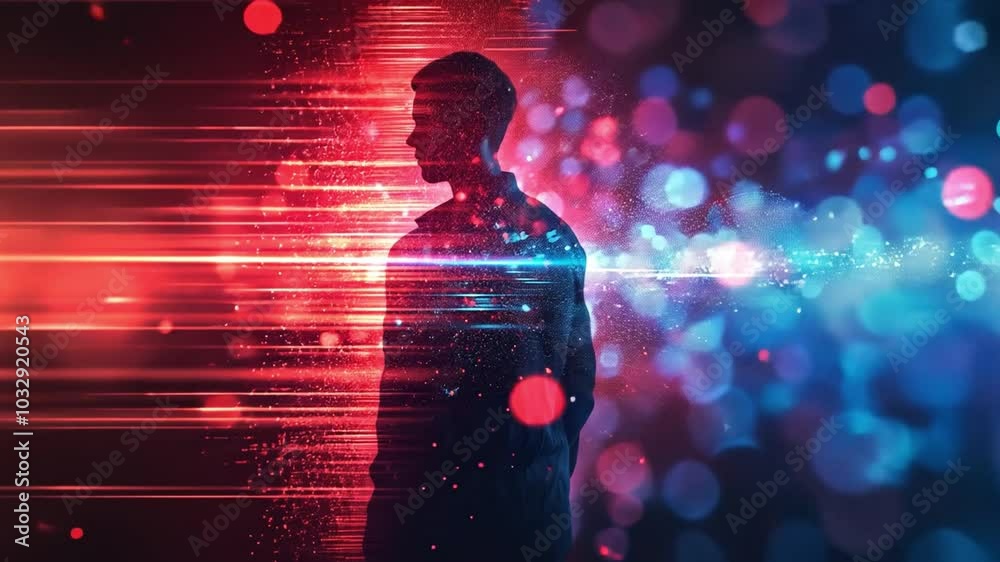 Poster A person stands in silhouette against a backdrop of dynamic light patterns and vibrant colors, creating an engaging visual spectacle that captivates the viewers attention.