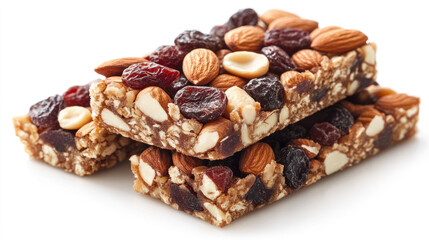 Three stacks of nuts and raisins. The nuts are almonds and walnuts. The raisins are black