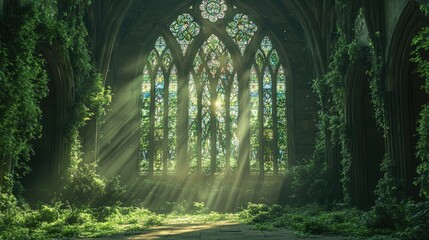 Overgrown church with stained glass. Shows a spiritual and mysterious scene.