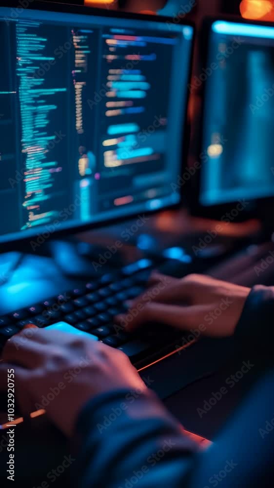 Poster Software developer is illuminated by the glow of their computer screen as they are working late into the night writing code