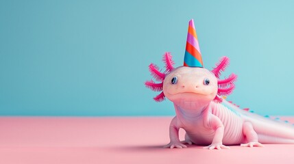 A cute axolotl celebrates a birthday wearing a colorful party hat against a pink and blue background
