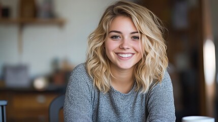 Happy young woman portrait with blonde wavy hair smiling at camera in grey sweater