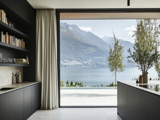 A kitchen with a window that looks out to the water