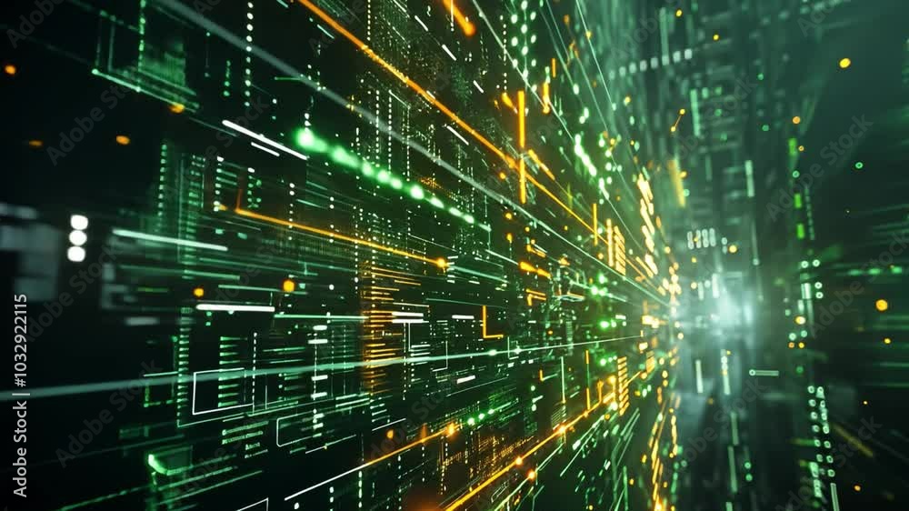 Poster A vivid representation of digital data streams flowing through a high-tech network. Bright green and orange lights create a sense of speed and movement in this futuristic setting.