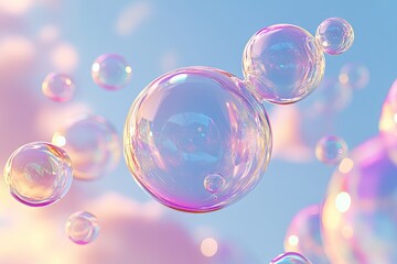 Naklejka premium Bright, iridescent soap bubbles float in the air. This photo can be used to represent purity, childhood joy, or delicate beauty.
