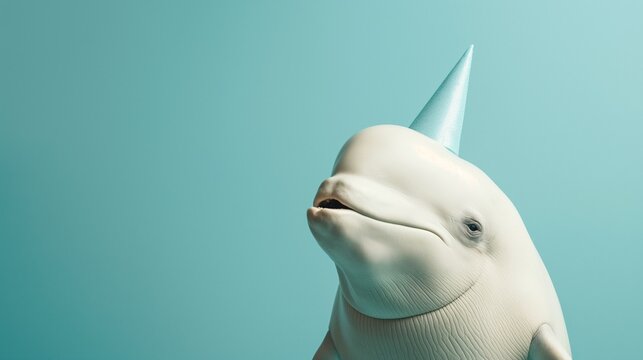 A playful beluga whale wearing a colorful party hat celebrates a special occasion in an aquarium setting on a bright day