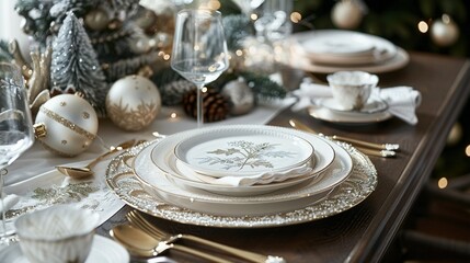 Fototapeta premium Festive Table Setting with White and Gold Accents and Christmas Decorations
