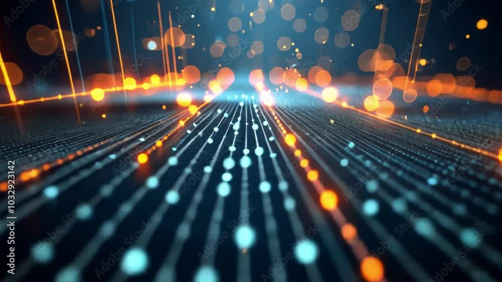 Poster Glowing lines and colorful particles converge in a mesmerizing display, creating a vibrant digital landscape that symbolizes modern technology and innovation.