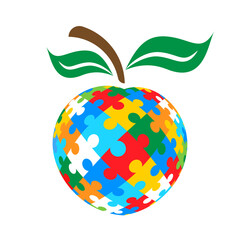 Puzzle apple with colorful pieces isolated on white background. Autism awareness concept design.