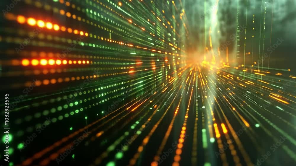 Poster A vibrant digital landscape showcases streams of green and orange lights, creating an illusion of movement and depth in an abstract environment, evoking a sense of energy and technology.