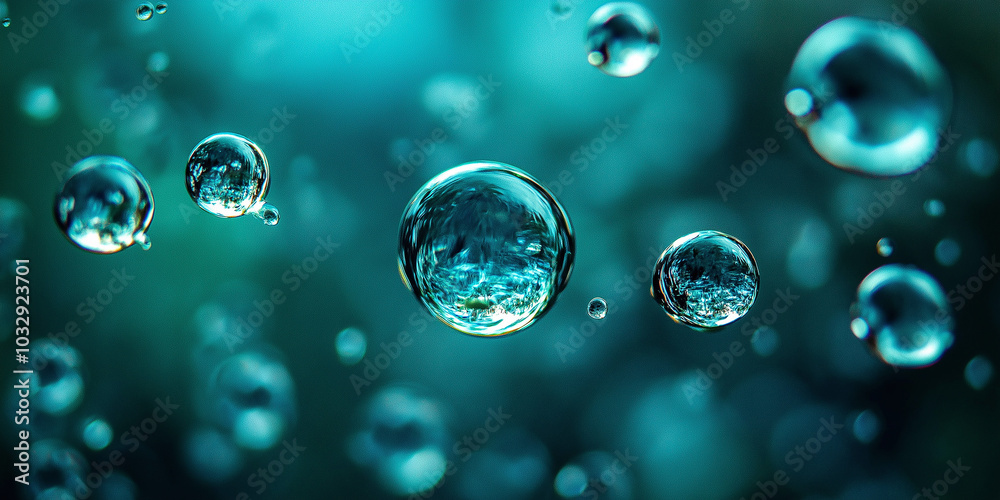 Poster water droplets floating and reflecting teal background