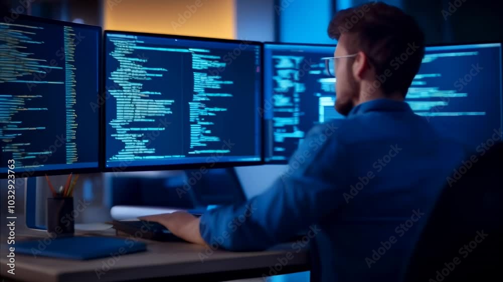 Aufkleber Software developer working late at night, coding on multiple monitors in a dark office space, reflecting hard work and passion in the fast paced tech world