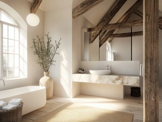 Fototapeta premium A bathroom with a white sink and a white bathtub