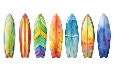  watercolor surfing board set isolated from white background