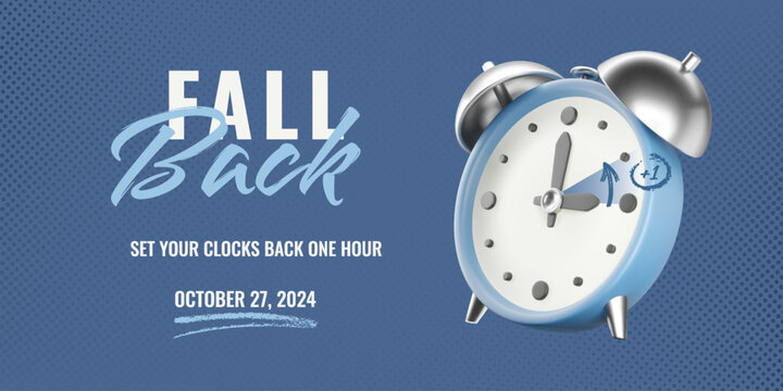 Daylight saving time ends banner. Isolated 3D realistic alarm clock on blue halftone textured background, charcoal arrow and underline. Fall Back time 2024. Vector illustration
